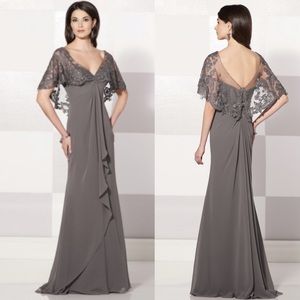 Mon Cheri mother of the bride with caplet lace bodice long gown